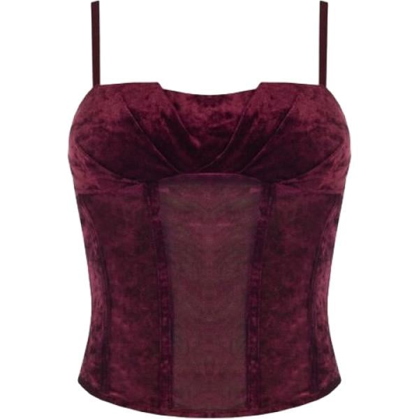 Top da donna in bordeaux con spalline corto a vita alta con zip in velluto Rinascimento