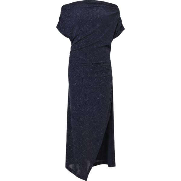 Vestito lungo da donna in blu scuro effetto laminato con scollo con spacco Rinascimento