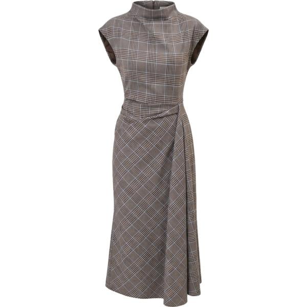 Vestito asimmetrico da donna in marrone scuro a quadri collo alto made in italy Rinascimento