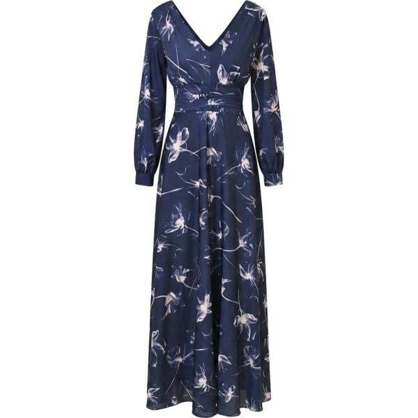 Vestito lungo da donna in blu scuro a fiori collo a v made in italy a maniche lunghe Rinascimento