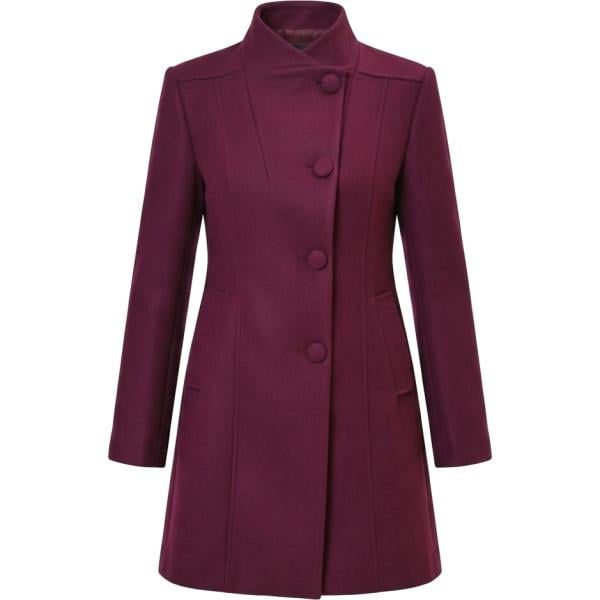 Cappotto da donna forma asimmetrica in bordeaux collo alto monopetto Rinascimento