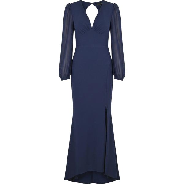 Vestito lungo da donna in blu scuro chiffon collo a v made in italy a maniche lunghe Rinascimento