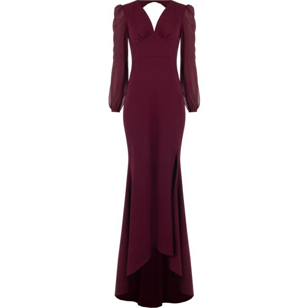 Vestito lungo da donna in bordeaux con ruches collo a v con spacco a maniche lunghe Rinascimento
