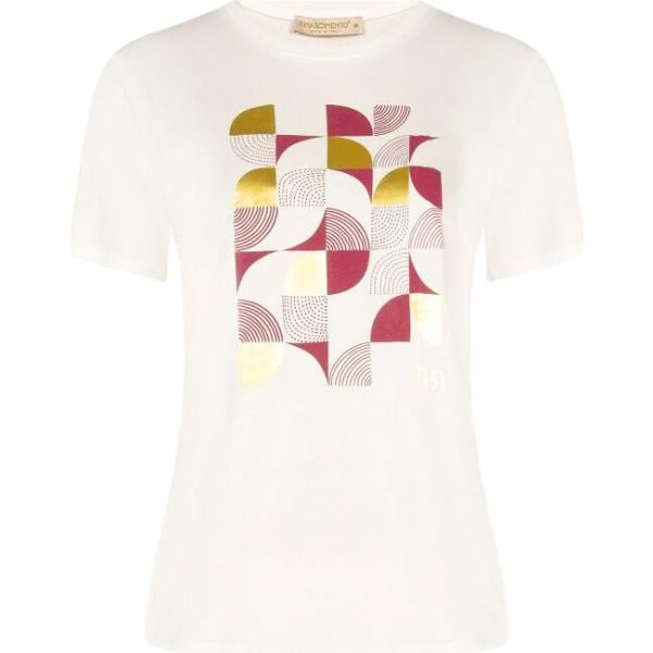 T-shirt da donna in bianco neve con stampe effetto laminato con scollo made in italy a maniche corte in denim Rinascimento