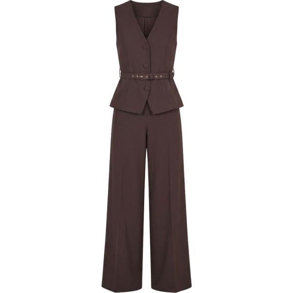 Tuta da donna intero in marrone scuro collo a v made in italy senza maniche con zip Rinascimento