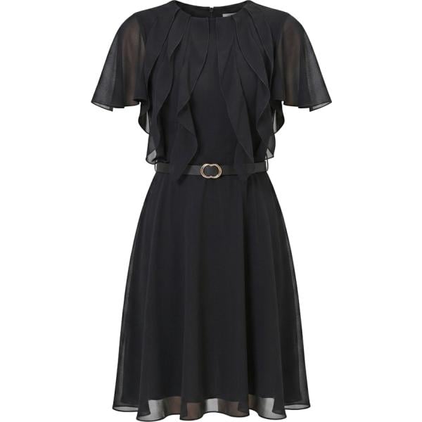 Vestito longuette/midi da donna in nero pece con ruches girocollo corto a maniche corte con fibbia Rinascimento