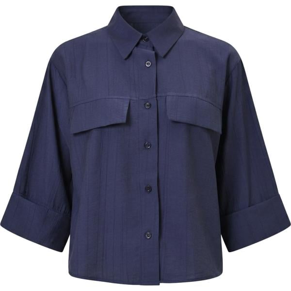 Camicia da donna boxy in blu scuro a righe collo a punta made in italy a vita alta con bottoni in viscosa Rinascimento