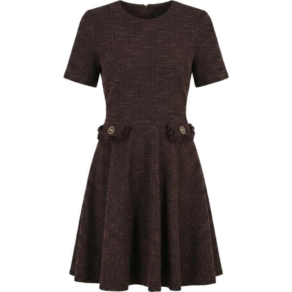 Vestito corto da donna in marrone scuro con frange con scollo corto a maniche corte in metallo Rinascimento