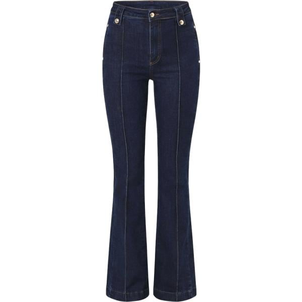 Jeans da donna forma svasata in blu scuro made in italy con zip in denim Rinascimento