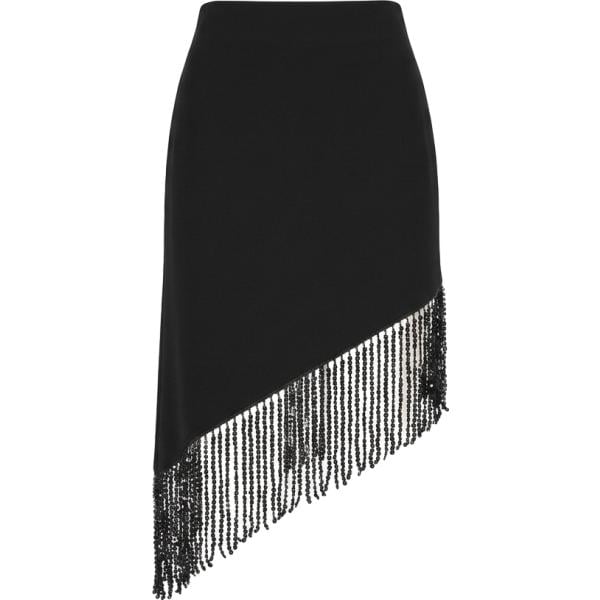 Gonna longuette da donna in nero pece con frange made in italy a vita alta con zip Rinascimento