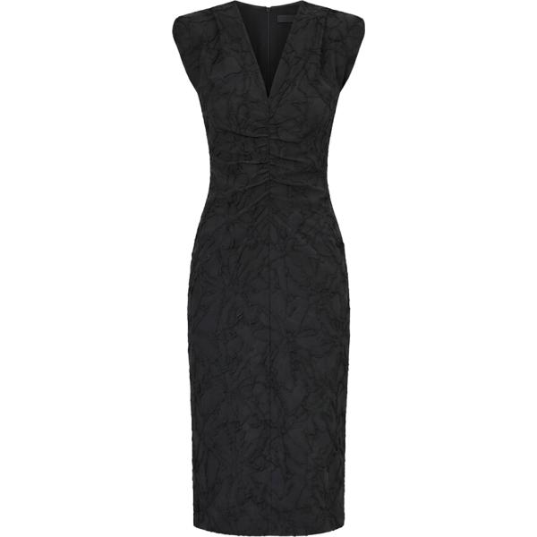 Vestito longuette/midi da donna in nero pece con ruches collo a v made in italy senza maniche con zip Rinascimento