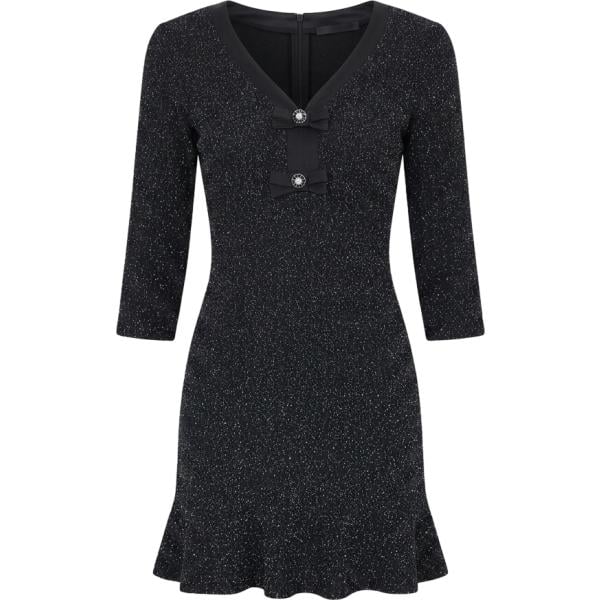 Vestito corto da donna in nero pece con strass collo a v corto con zip Rinascimento