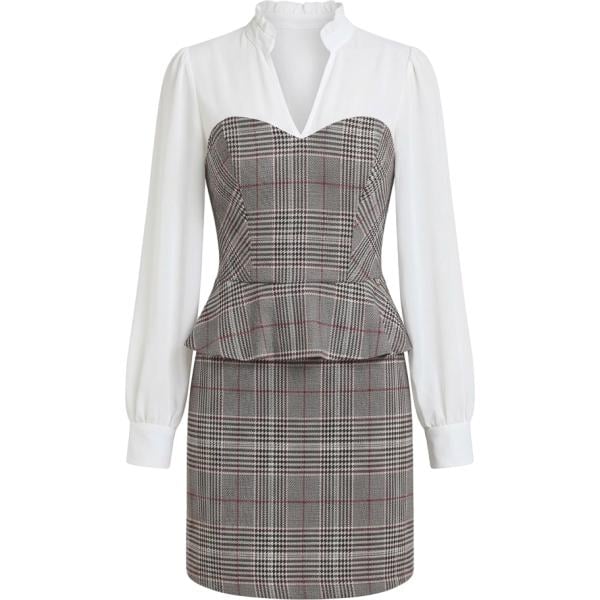 Vestito corto da donna in grigio scuro principe di galles collo a v corto a maniche lunghe con zip Rinascimento