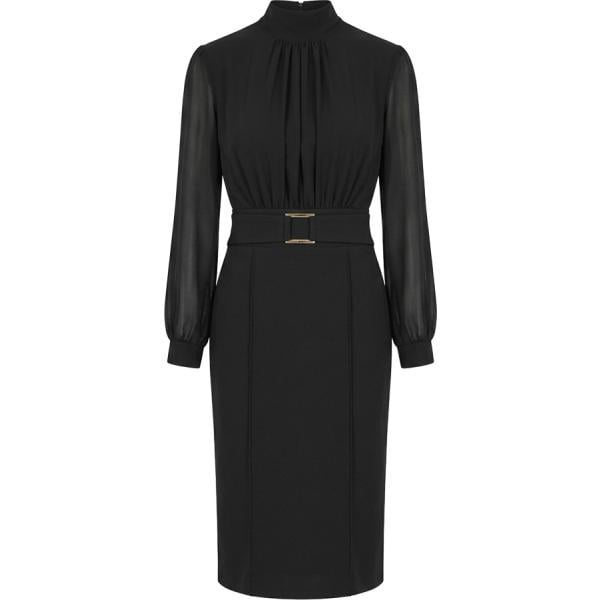 Vestito longuette/midi da donna in nero pece geometrica con ruches con scollo made in italy a maniche lunghe Rinascimento Rinascimento