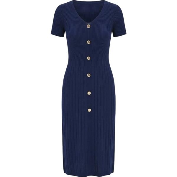 Vestito asimmetrico da donna in blu scuro lavorato a maglia con tacco girocollo made in italy a maniche corte con bottoni in viscosa Rinascimento