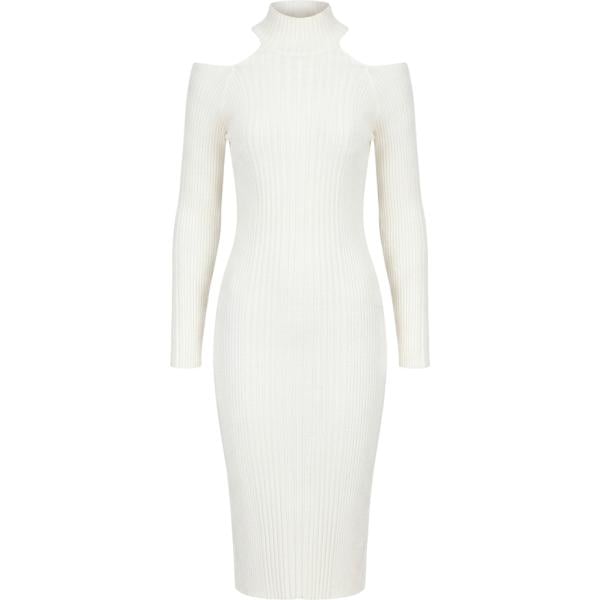 Vestito longuette/midi da donna in bianco avorio lavorato a maglia collo alto made in italy a maniche lunghe in viscosa Rinascimento