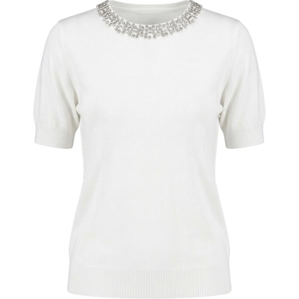 T-shirt da donna in bianco avorio con strass con scollo lungo in viscosa Rinascimento