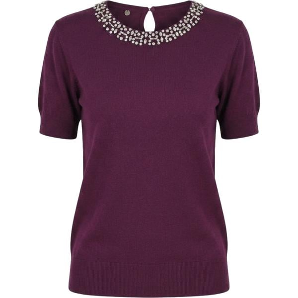 T-shirt da donna in bordeaux con strass con scollo lungo Rinascimento