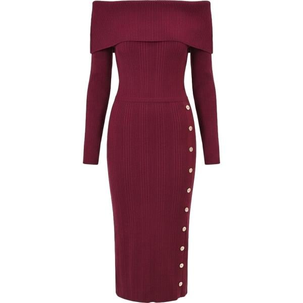 Vestito longuette/midi da donna in bordeaux lavorato a maglia con scollo made in italy a maniche lunghe con bottoni in viscosa Rinascimento