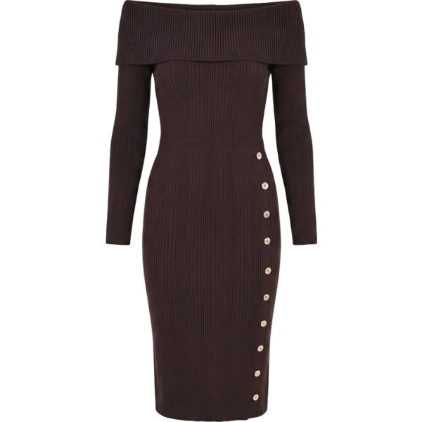 Vestito asimmetrico da donna in marrone scuro con scollo a maniche lunghe con bottoni in viscosa Rinascimento