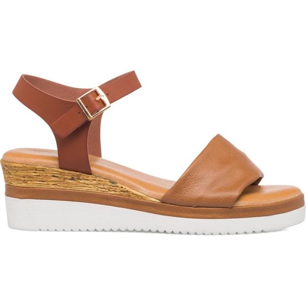 sandali in pelle da donna in marrone chiaro con tacco zeppa con cinturino in metallo Lora Ferres