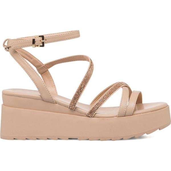 sandali con tacco da donna in rosa chiaro con strass con tacco zeppa con cinturino in metallo Lora Ferres