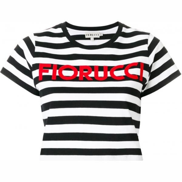 T-shirt taglio dritto a righe girocollo a maniche corte crop con orlo bianco e nero Fiorucci bianco a righe