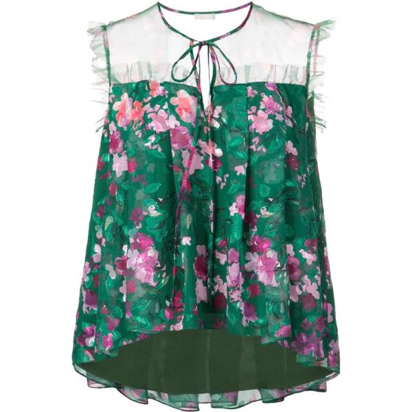 Blusa fantasia floreale plissè a maniche corte Marchesa Notte verde a fiori