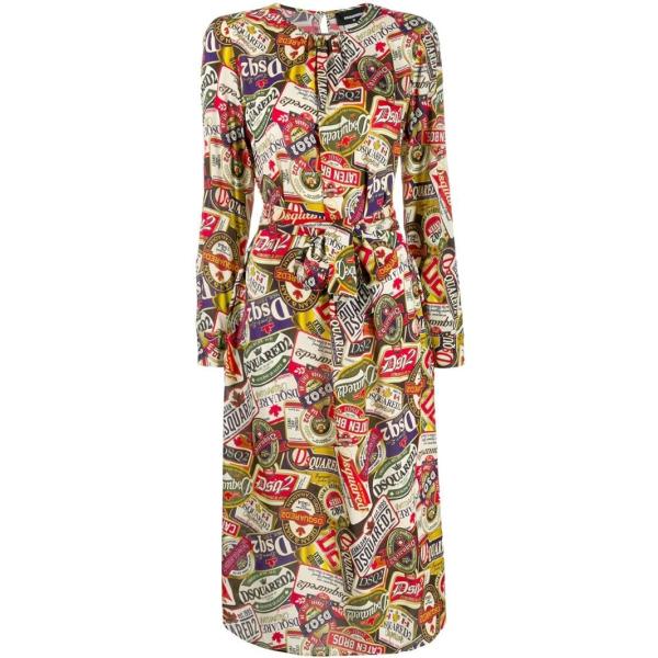 Vestito midi taglio dritto con stampa girocollo a maniche lunghe con orlo multicolore Dsquared2 multicolore con stampe