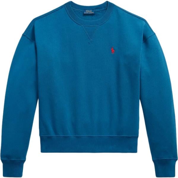 Felpa da donna in blu medio girocollo bassa in pile Polo Ralph Lauren