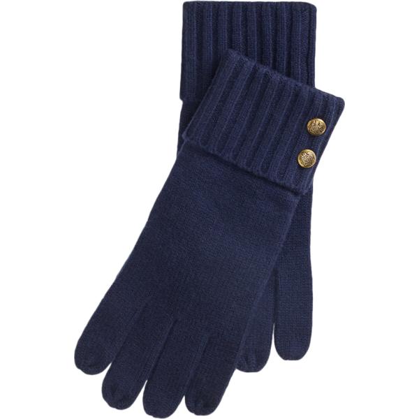 Guanti da donna in blu scuro lavorato a maglia con bottoni in lana Lauren