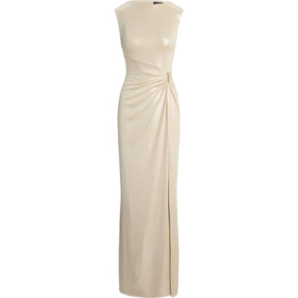 Vestito lungo da donna in bianco avorio con strass lungo con fibbia Lauren