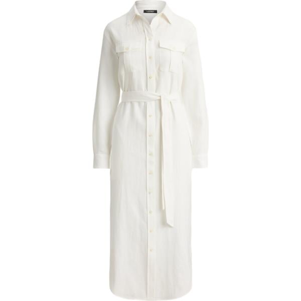Camicia da donna in bianco neve con cintura in lino Lauren