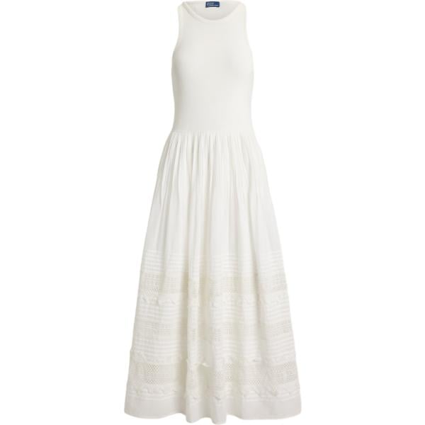 Vestito longuette/midi da donna in bianco neve con pizzo in cotone Polo Ralph Lauren