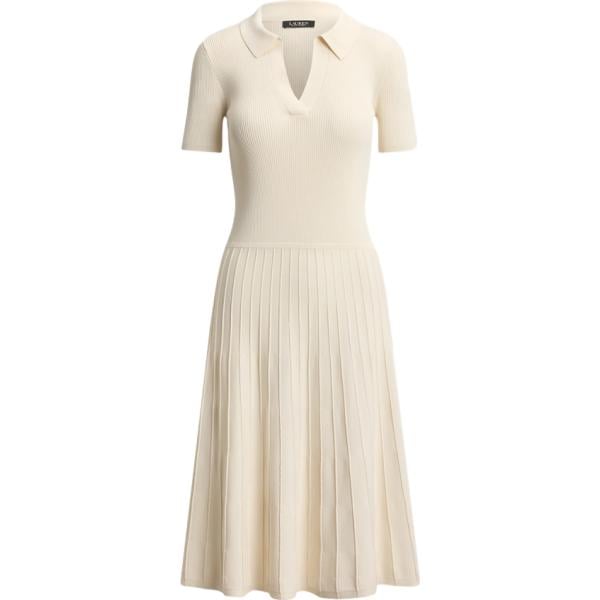 Vestito da donna in bianco avorio lavorato a maglia a maniche corte in nylon Lauren