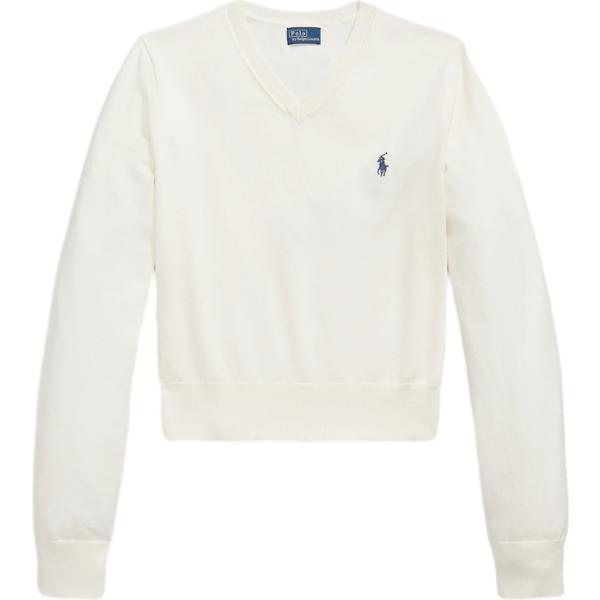 Maglione da donna in bianco avorio collo a v corto in cotone Polo Ralph Lauren
