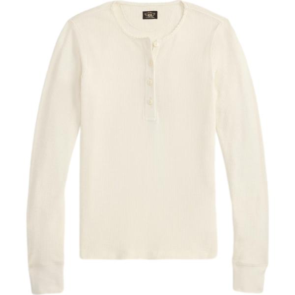 T-shirt da donna in bianco avorio con scollo a maniche lunghe in cotone Rrl