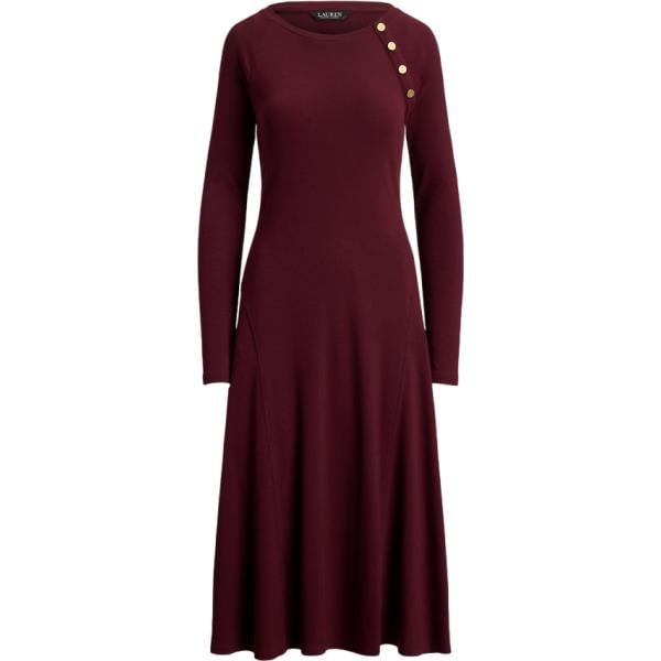 Vestito longuette/midi da donna in rosso classico girocollo con bottoni in cotone Lauren