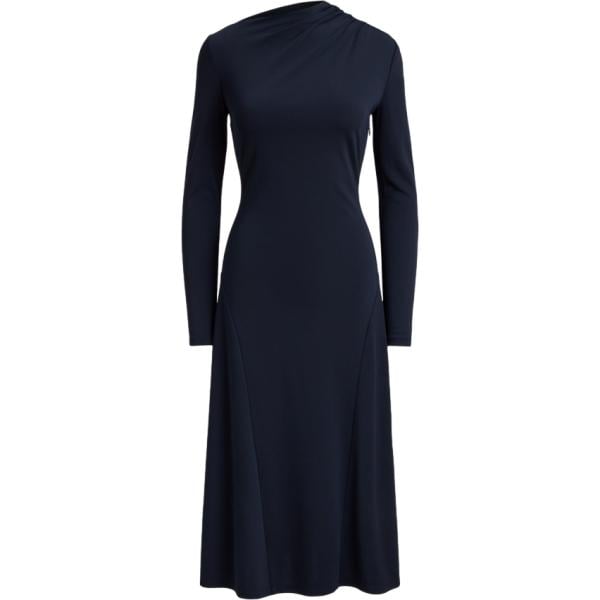 Vestito lungo da donna in blu medio con ruches con scollo lungo Lauren