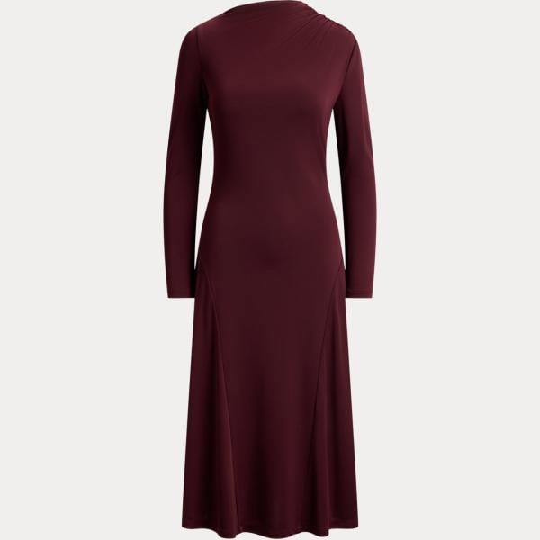 Vestito asimmetrico da donna in rosso classico con ruches con scollo Lauren
