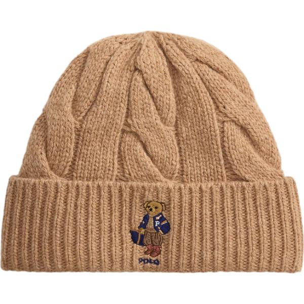 Beanie da donna in marrone chiaro lavorato a maglia in lana Polo Ralph Lauren