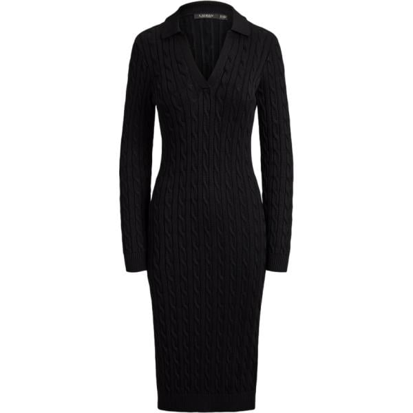 Vestito longuette/midi da donna in nero pece lavorato a maglia in cotone Lauren