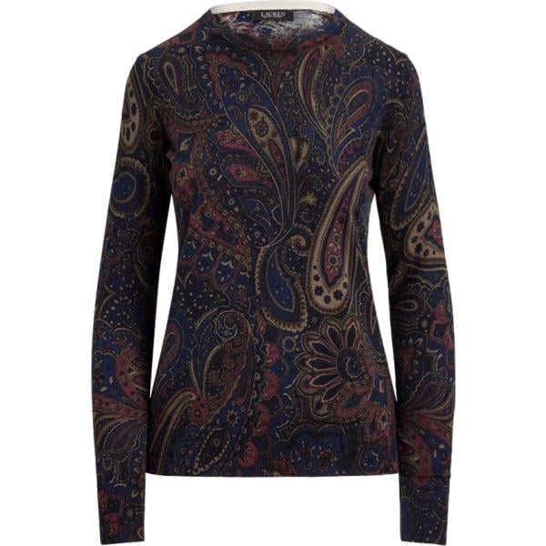Maglione da donna in blu medio con stampe girocollo in cotone Lauren