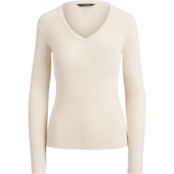 Maglione da donna in bianco avorio collo a v a maniche lunghe in cotone Lauren