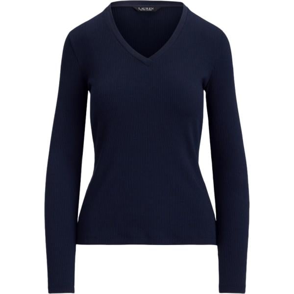 Maglione da donna mini in blu medio collo a v a maniche lunghe in cotone Lauren Petite
