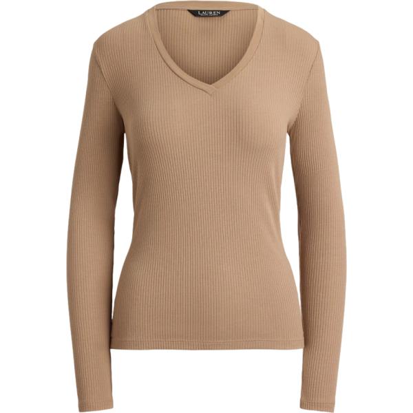 Maglione da donna mini in beige sabbia collo a v a maniche lunghe in cotone Lauren Petite