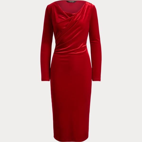 Vestito a tubino da donna in rosso classico con scollo a maniche lunghe in velluto Lauren Lauren