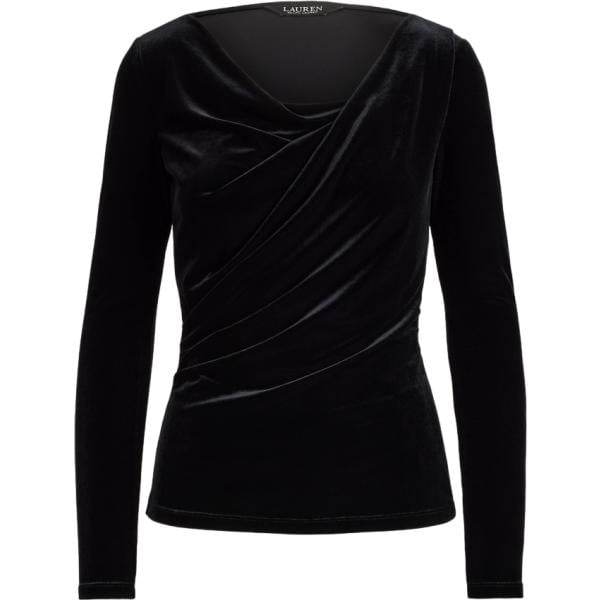 Top da donna forma asimmetrica in nero pece con scollo in velluto Lauren