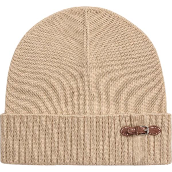 Beanie da donna in marrone chiaro lavorato a maglia con fibbia in lana Lauren