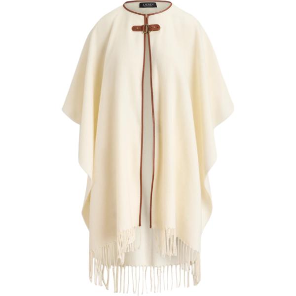 Mantella da donna in bianco avorio con frange con scollo con fibbia in poliestere Lauren